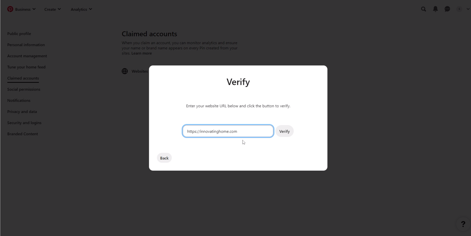 step 7 - verify blog url in pinterest